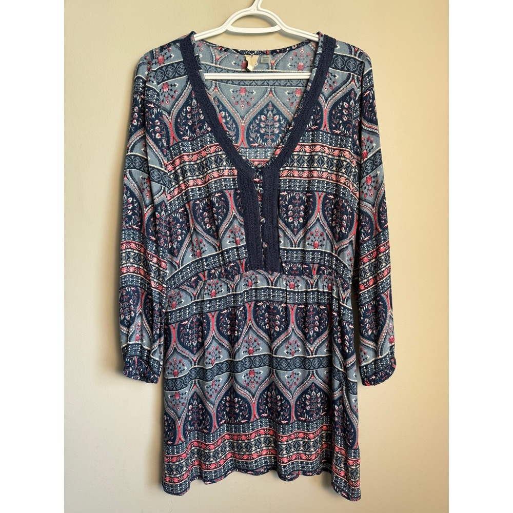 Roxy Long Sleeve V-Neck Dress Womens Medium Blue Boho Peasant Festival Aztec